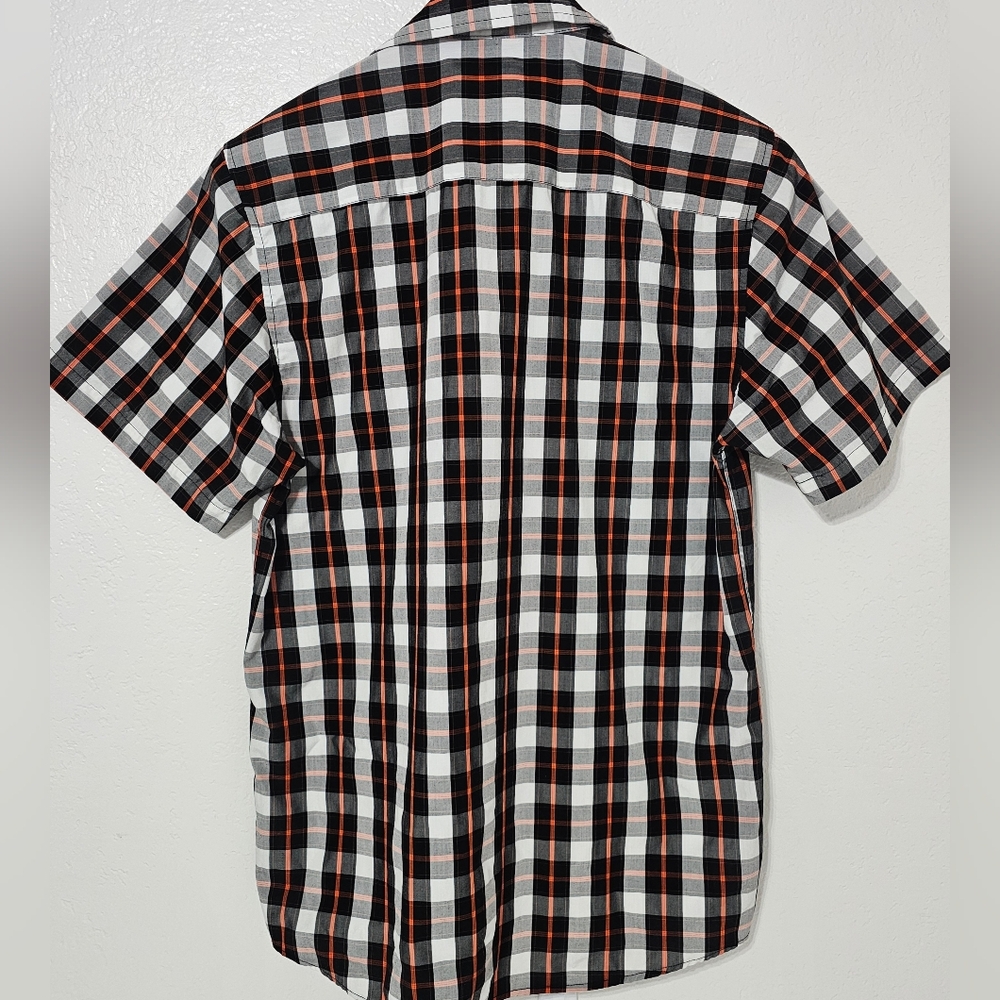 Dixxon Route 66 Plaid Button Up Shirt Mens M Black White Orange Bamboo Blend - Picture 4 of 8
